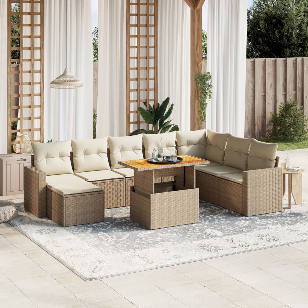 9-tlg. Garten-Sofagarnitur mit Kissen Beige Poly Rattan