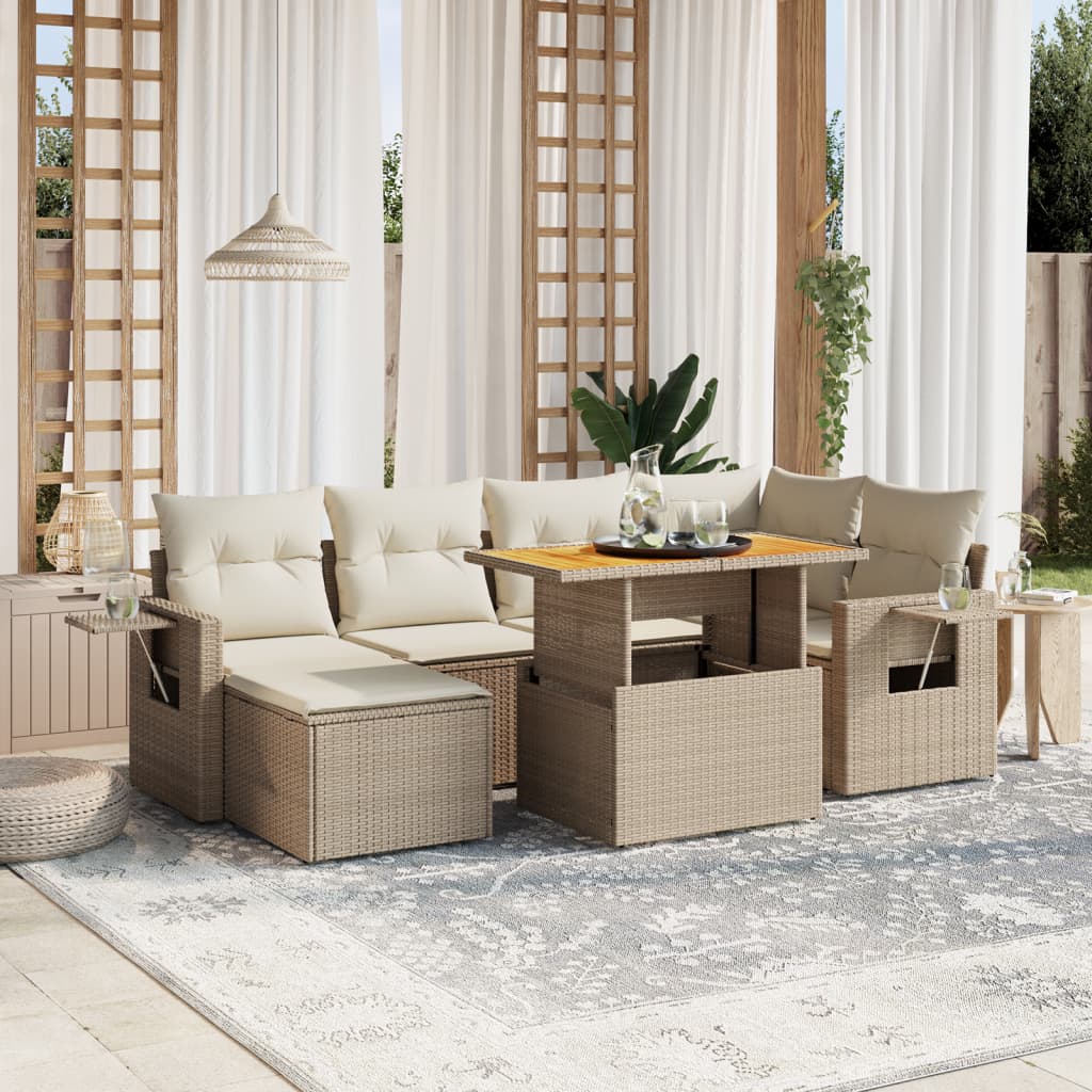 7-tlg. Garten-Sofagarnitur mit Kissen Beige Poly Rattan