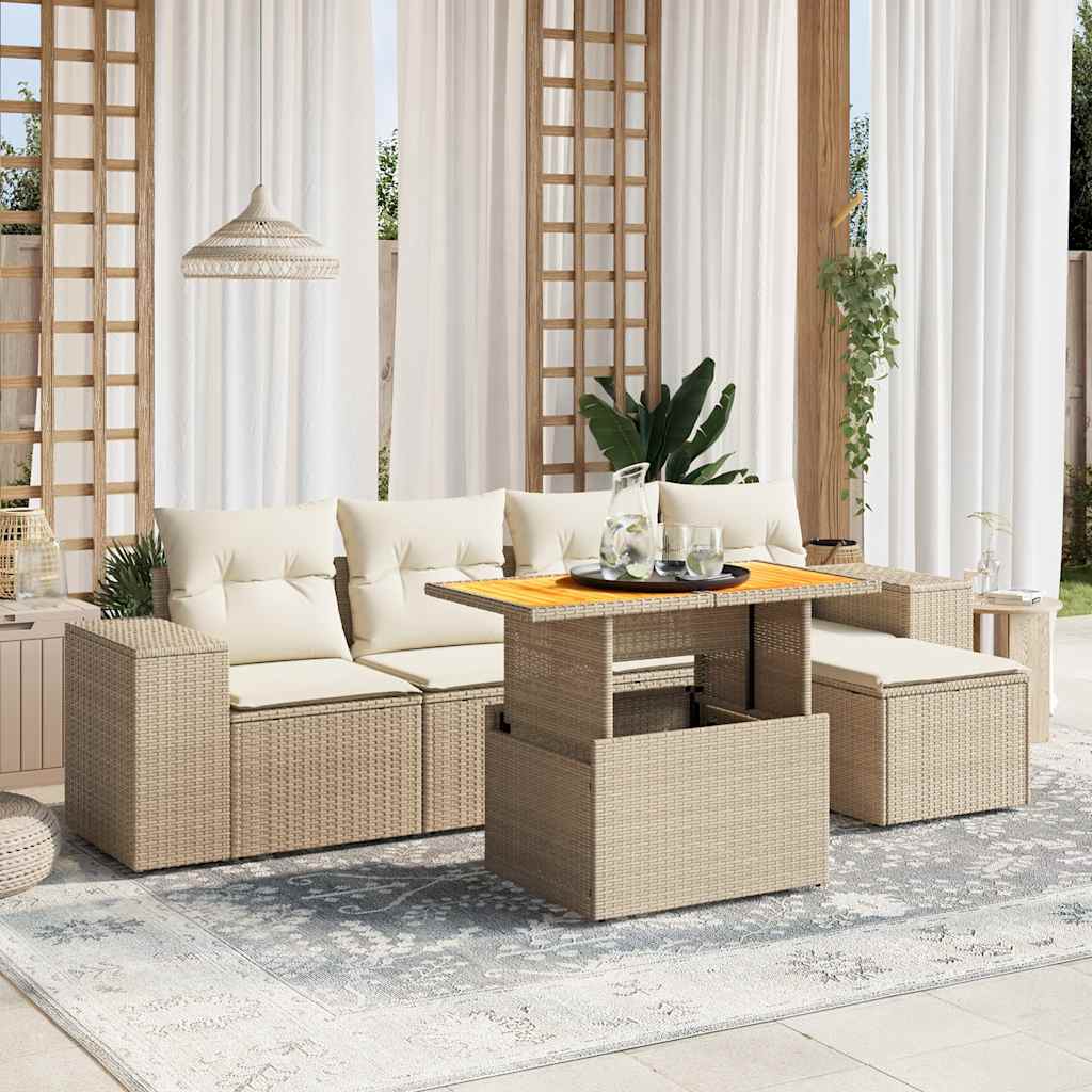 6-tlg. Garten-Sofagarnitur mit Kissen Beige Poly Rattan