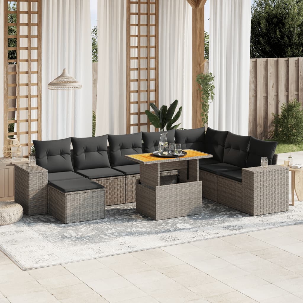 9-tlg. Garten-Sofagarnitur mit Kissen Grau Poly Rattan