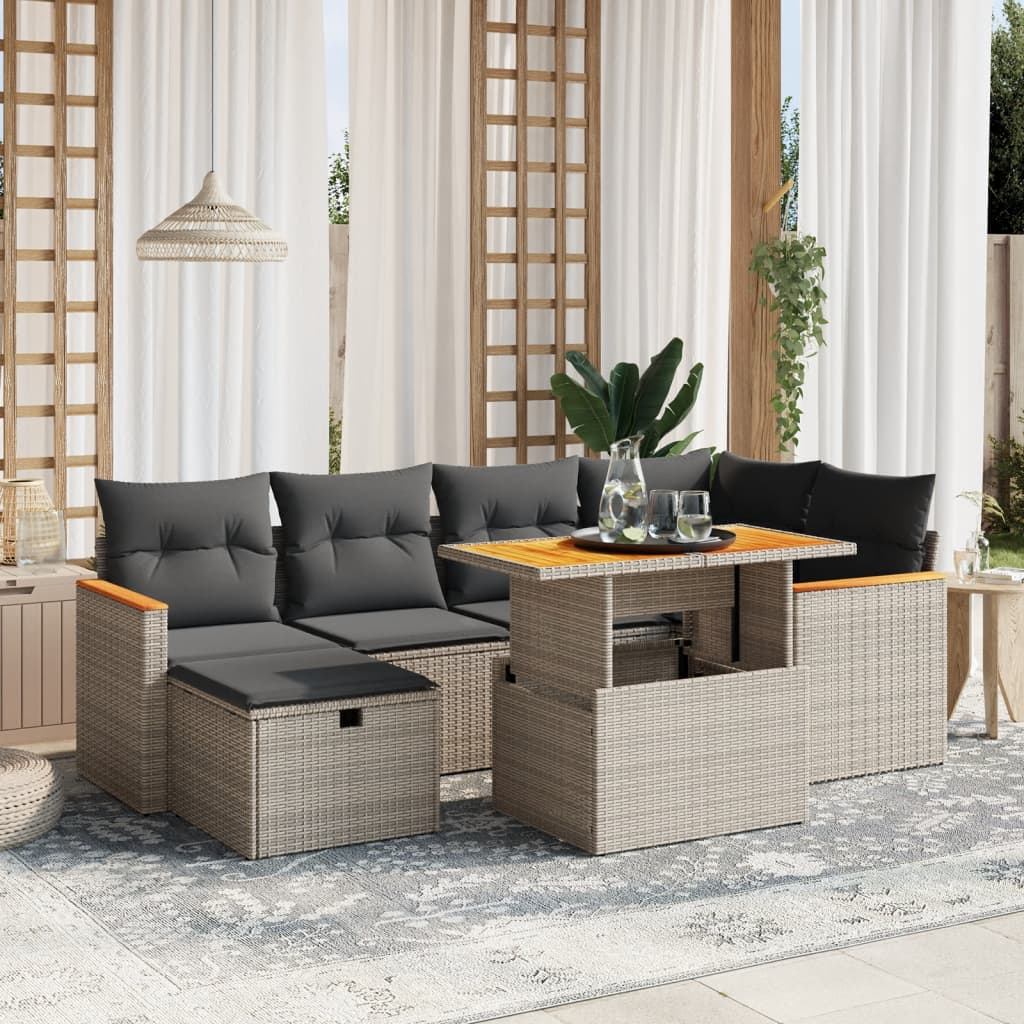 7-tlg. Garten-Sofagarnitur mit Kissen Grau Poly Rattan