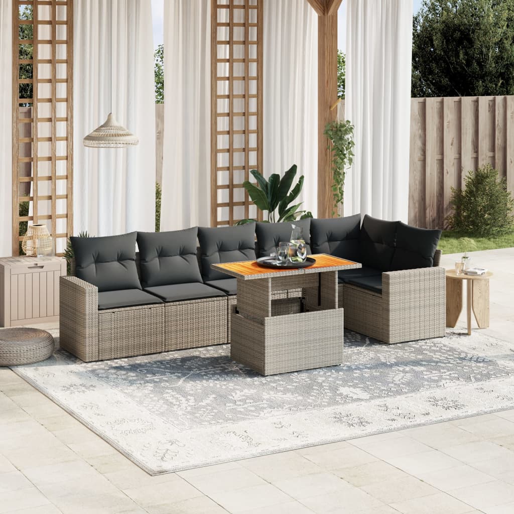 7-tlg. Garten-Sofagarnitur mit Kissen Grau Poly Rattan