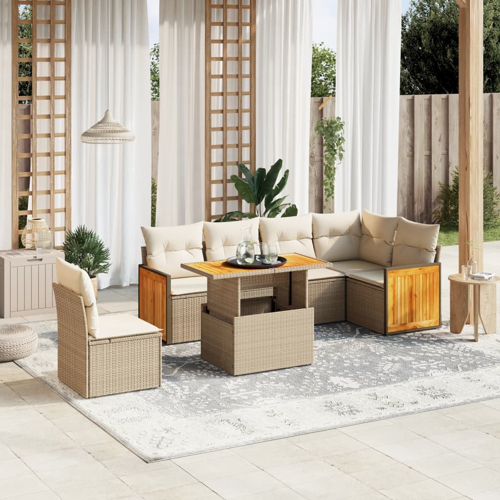 7-tlg. Garten-Sofagarnitur mit Kissen Beige Poly Rattan