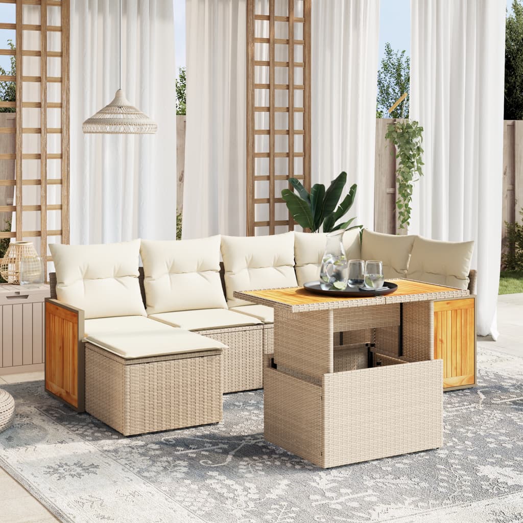 7-tlg. Garten-Sofagarnitur mit Kissen Beige Poly Rattan