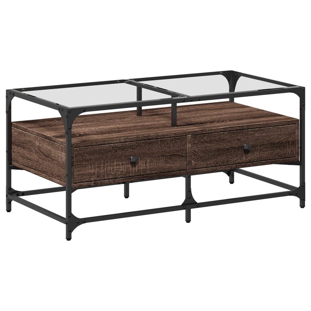 Coffee table with glass top brown oak look 98.5x50x45cm steel