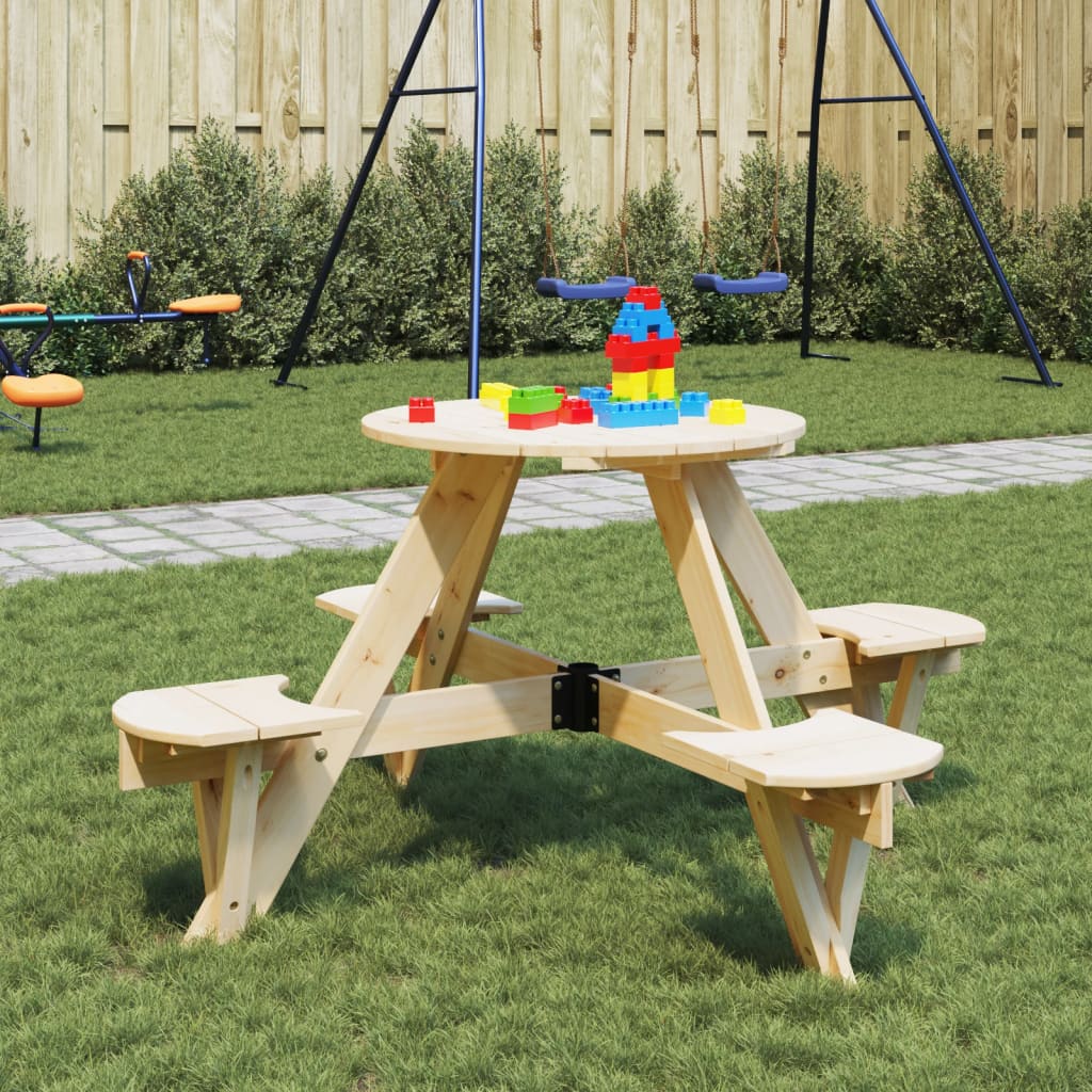 Picnic table for 4 children with umbrella hole round solid fir wood