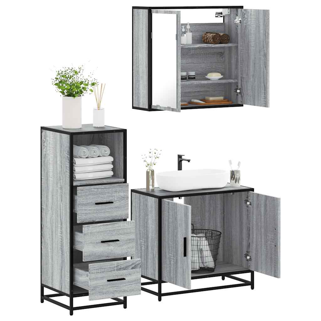 3-piece bathroom furniture set, grey Sonoma wood-based material
