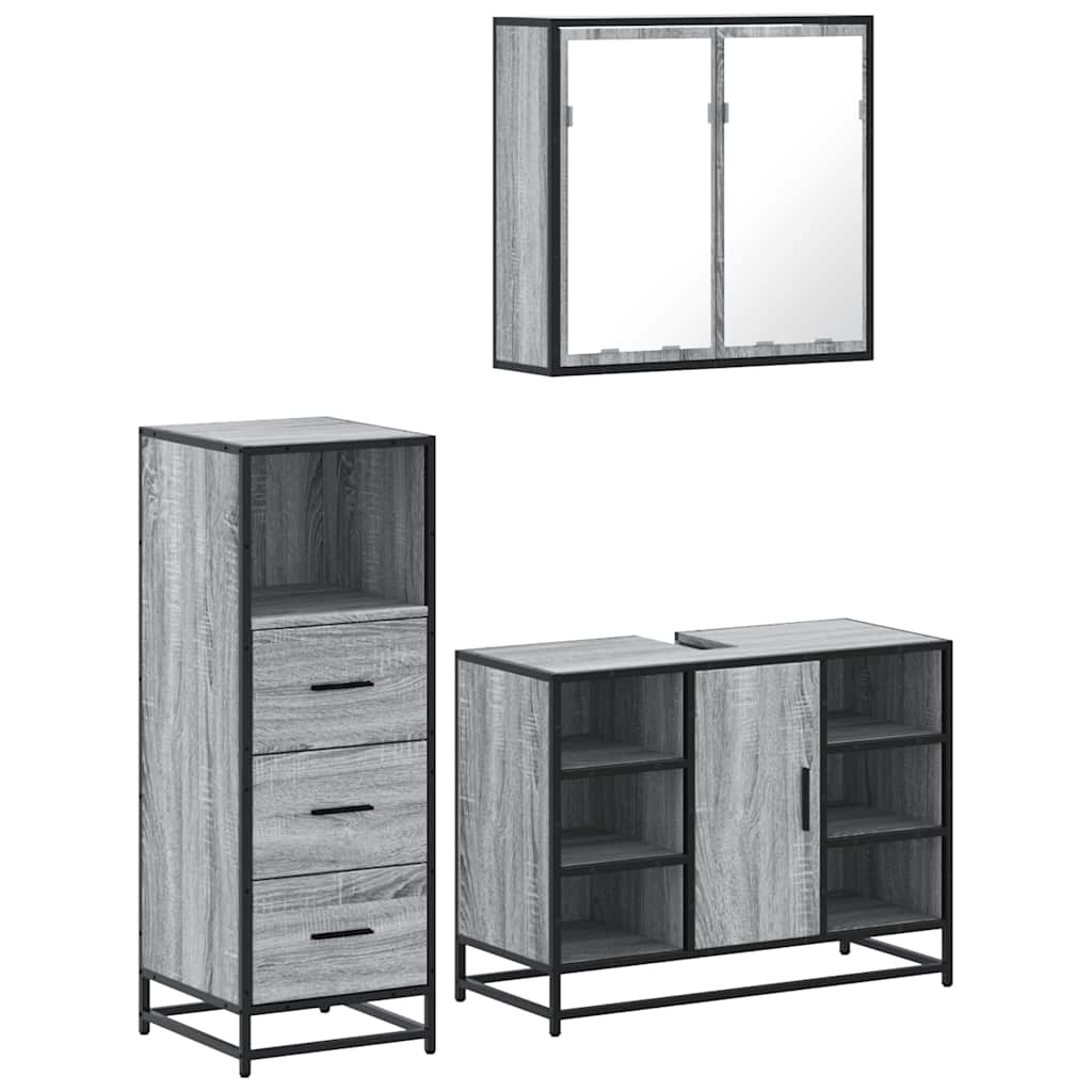 3-piece bathroom furniture set, grey Sonoma wood-based material