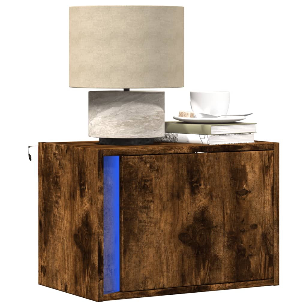 Wall-mounted bedside tables with LED lights 2 pcs. Smoked oak