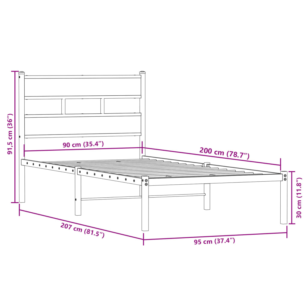 Metallbett ohne Matratze Räuchereiche 90x200 cm