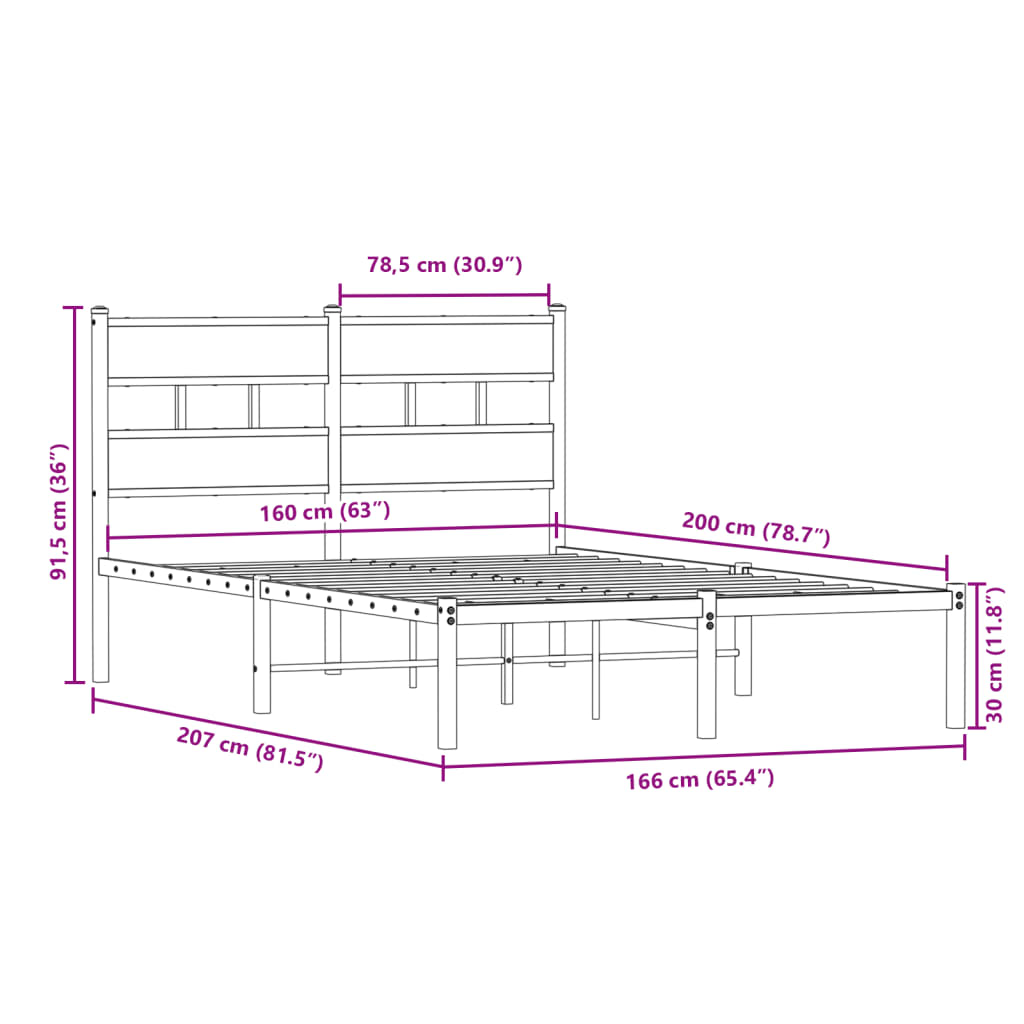 Metal bed without mattress Sonoma oak 160x200 cm