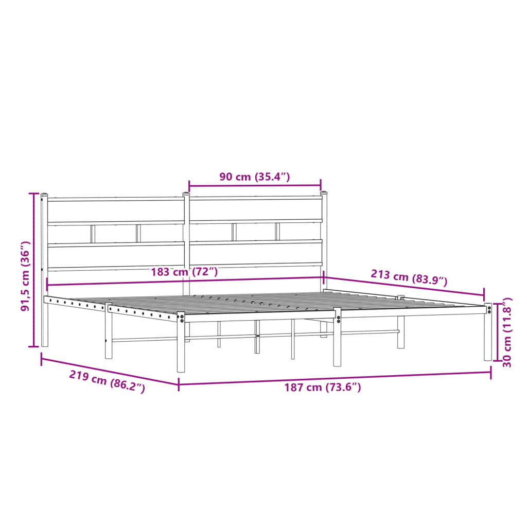 Metal bed without mattress Sonoma oak 183x213 cm