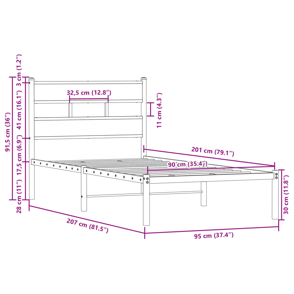 Bed frame without mattress with headboard brown oak 90x200 cm