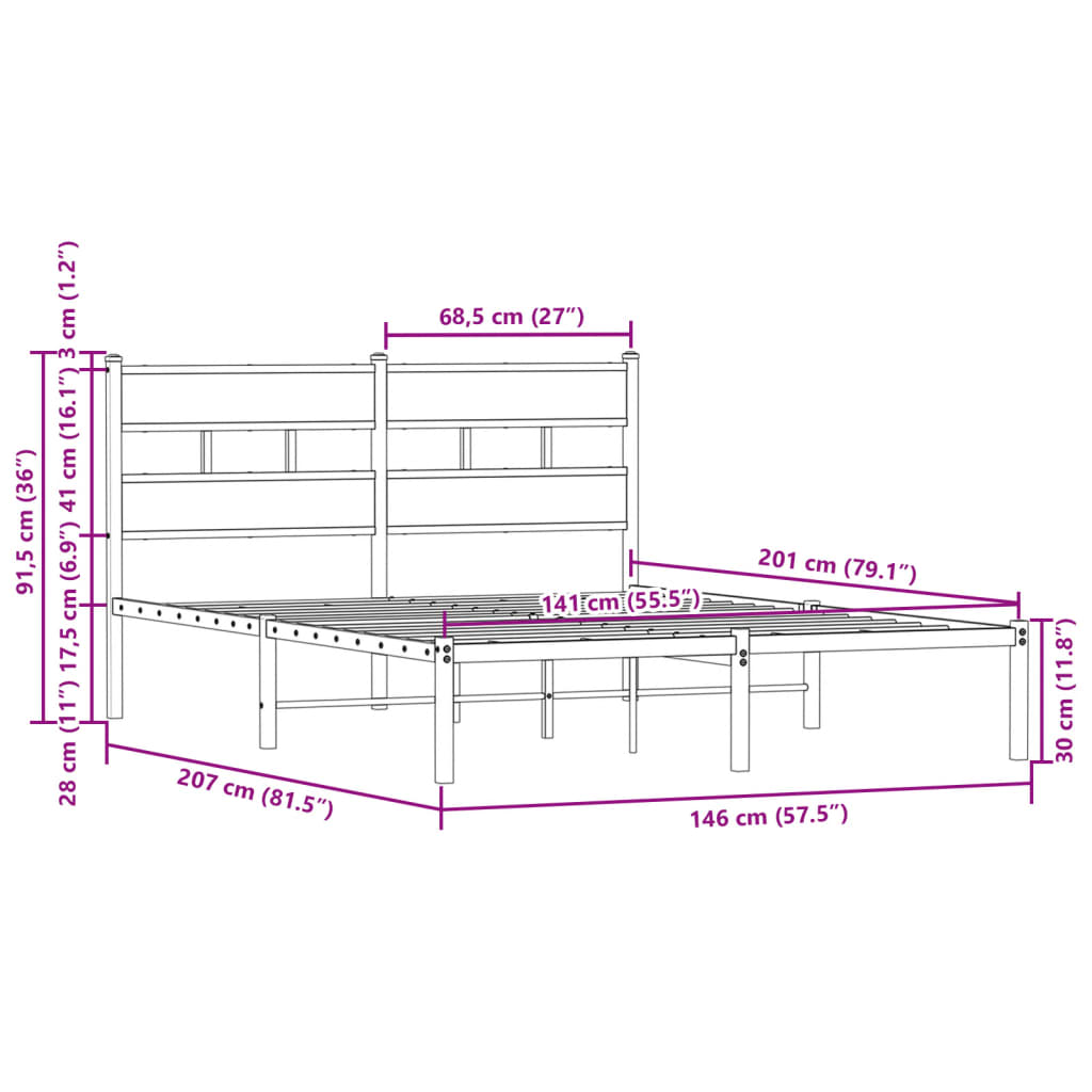 Bed frame without mattress with headboard brown oak 140x200 cm