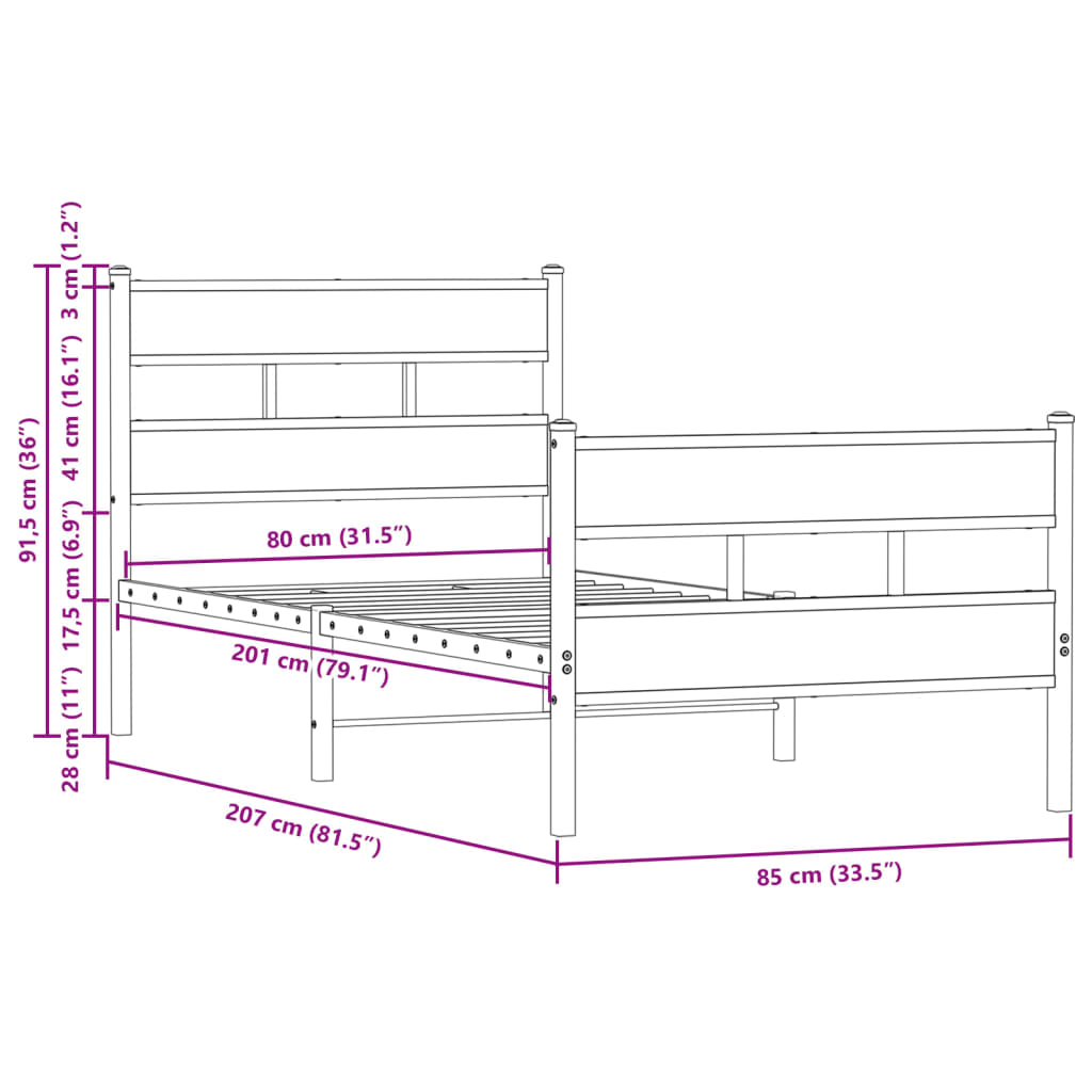 Bed frame without mattress with head and footboard 80x200 cm