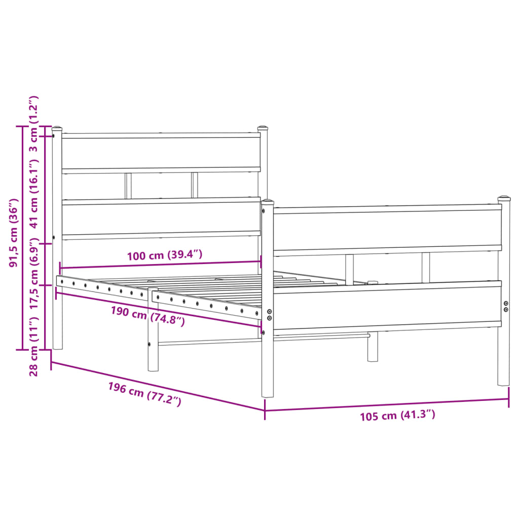 Bed frame without mattress with head and footboard 100x190 cm