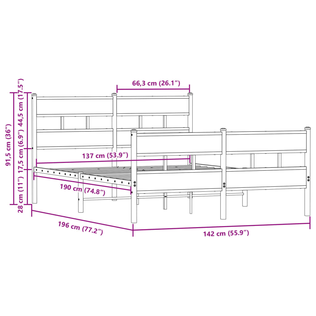 Bed frame without mattress with head and footboard 137x190 cm
