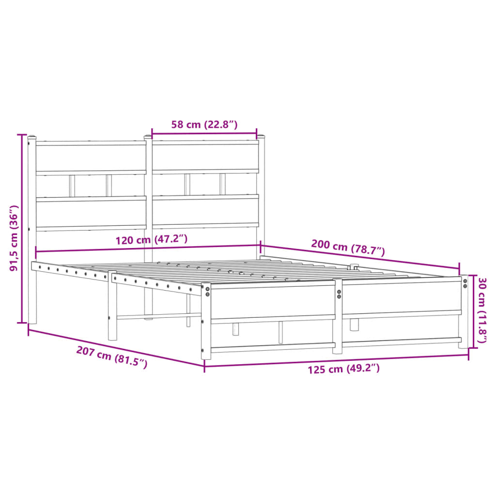 Metal bed without mattress smoked oak 120x200 cm