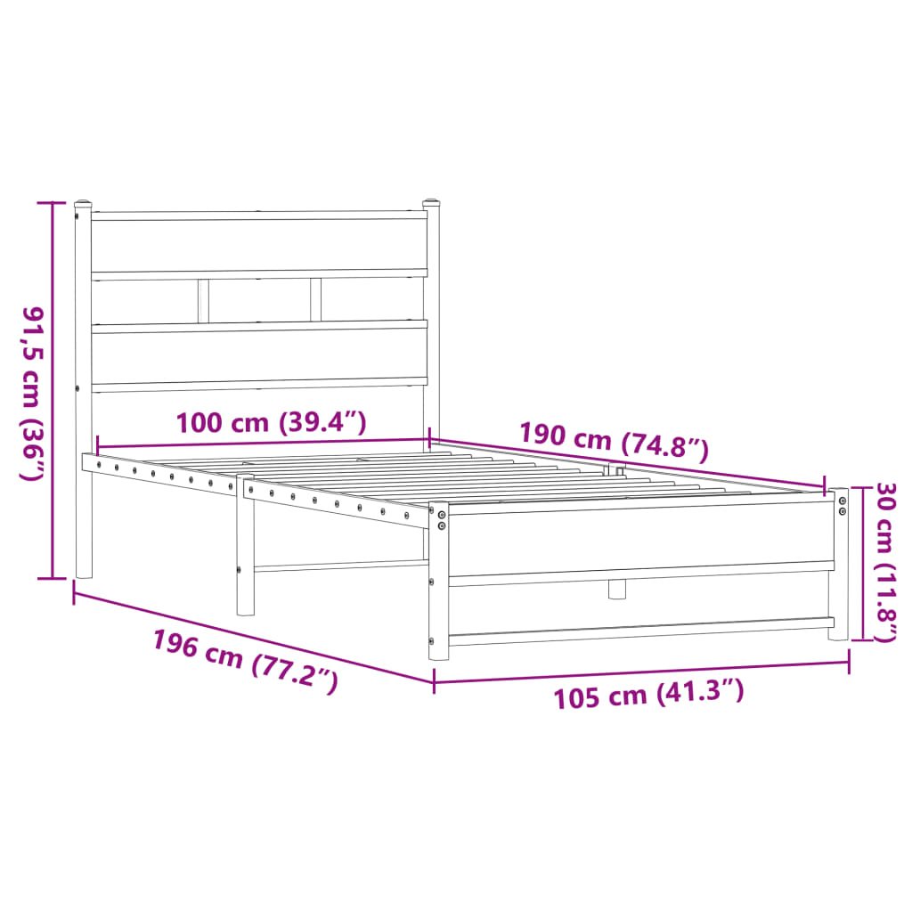 Metal bed without mattress oak look 100x190 cm