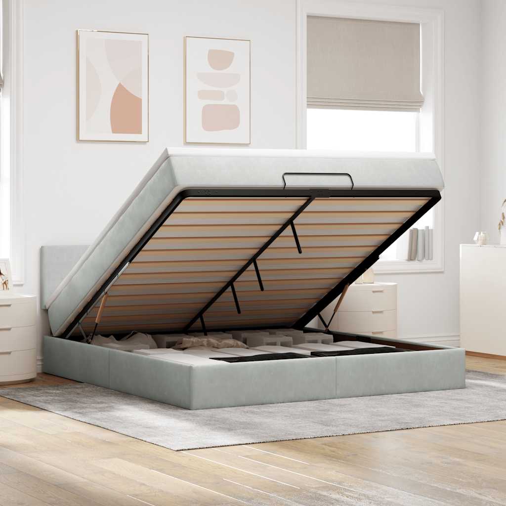 Ottoman bed with mattress & LEDs light grey 180x200 cm velvet