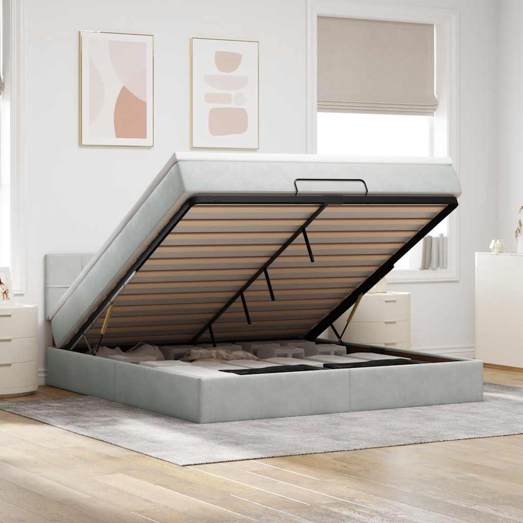 Ottoman-Bett mit Matratze & LEDs Hellgrau 160x200 cm Samt