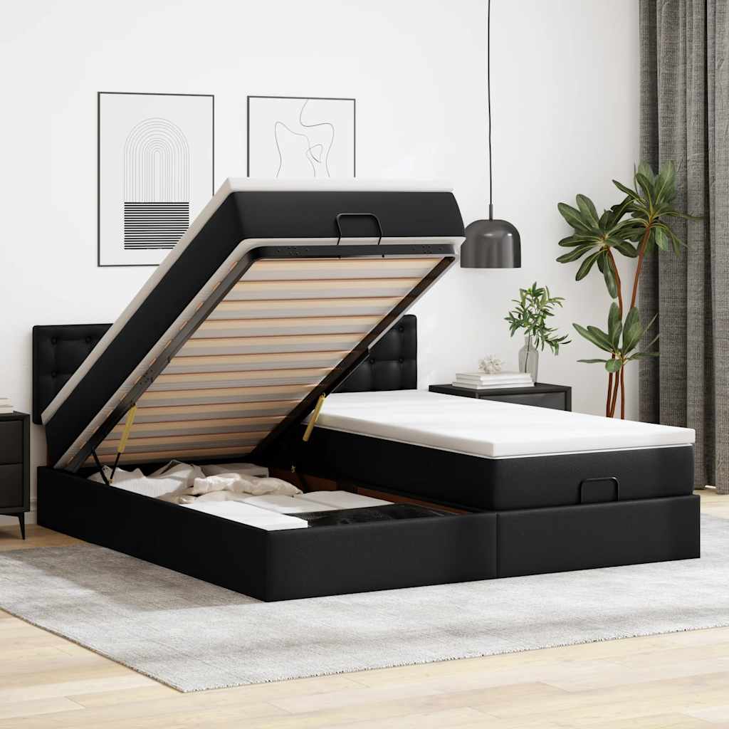 Ottoman-Bett mit Matratzen & LEDs Schwarz 180x200 cm Kunstleder