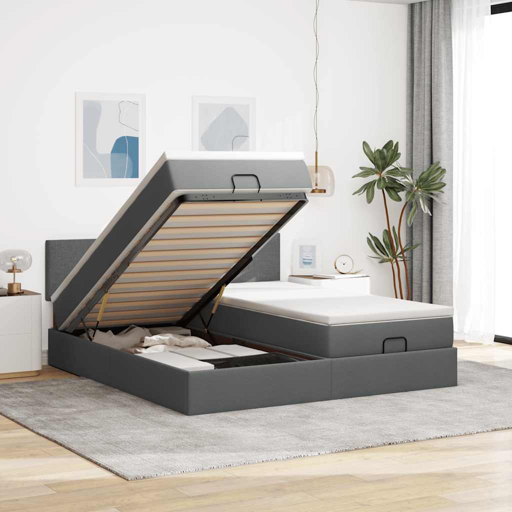 Ottoman bed with mattress & LEDs dark grey 180x200 cm fabric