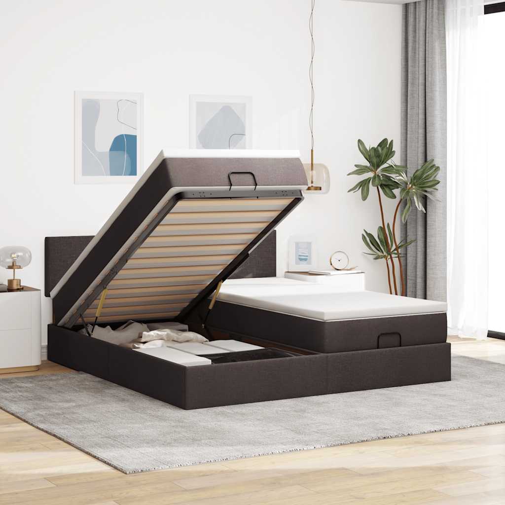 Ottoman bed with mattresses & LEDs dark brown 180x200 cm fabric