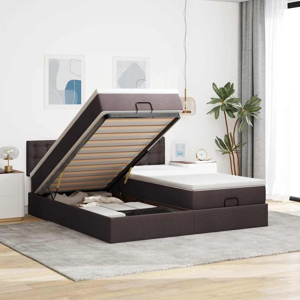 Ottoman bed with mattresses & LEDs dark brown 180x200 cm fabric