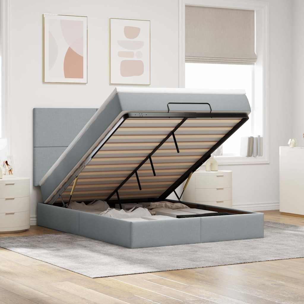 Ottoman bed with mattress & LEDs light grey 140x190 cm fabric