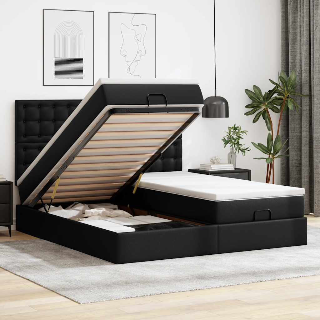 Ottoman bed with mattresses & LEDs Black 180x200 cm faux leather
