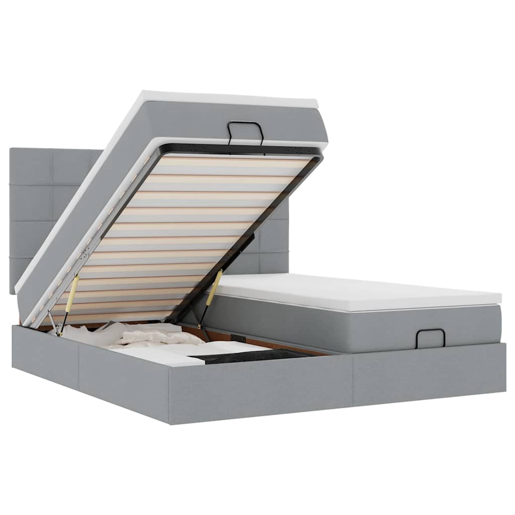 Ottoman-Bett mit Matratzen & LEDs Hellgrau 200x200 cm Stoff