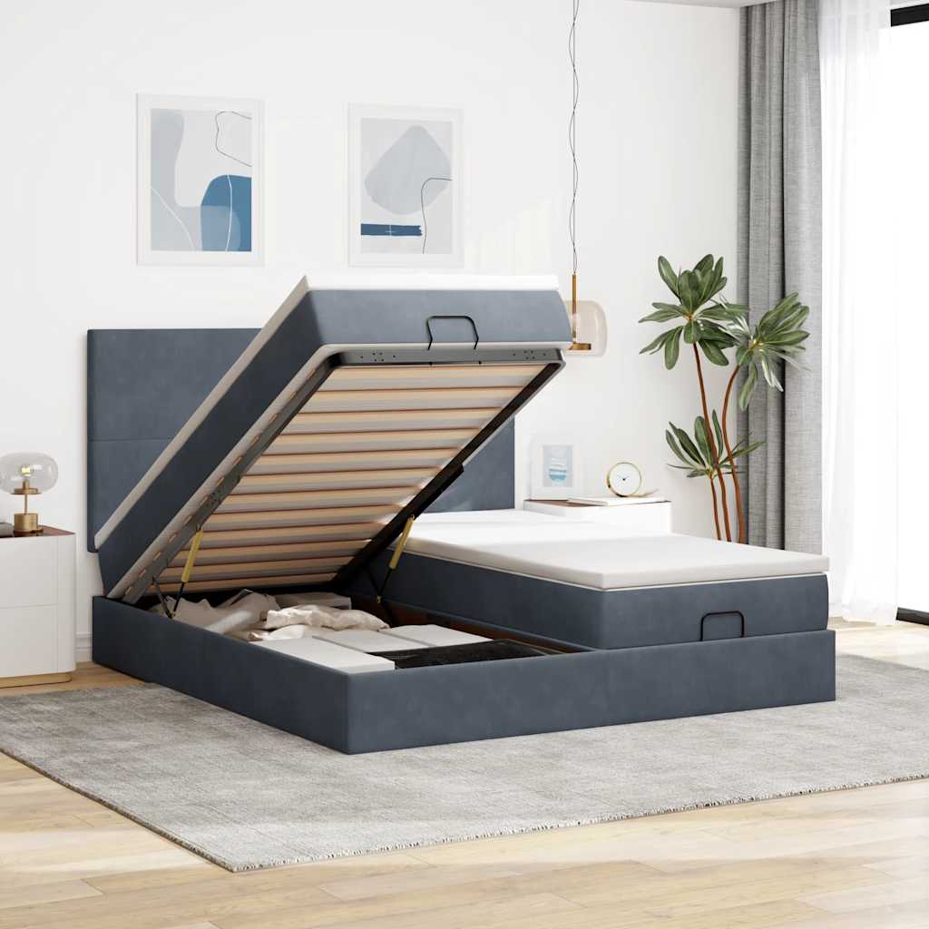 Ottoman bed with mattresses & LEDs dark grey 180x200 cm velvet