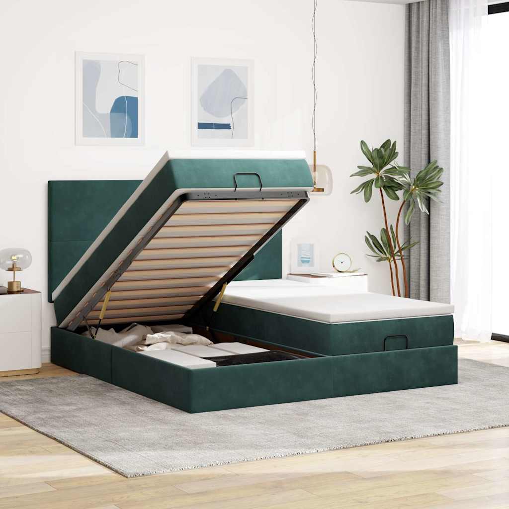 Ottoman-Bett mit Matratzen & LEDs Dunkelgrün 200x200 cm Samt