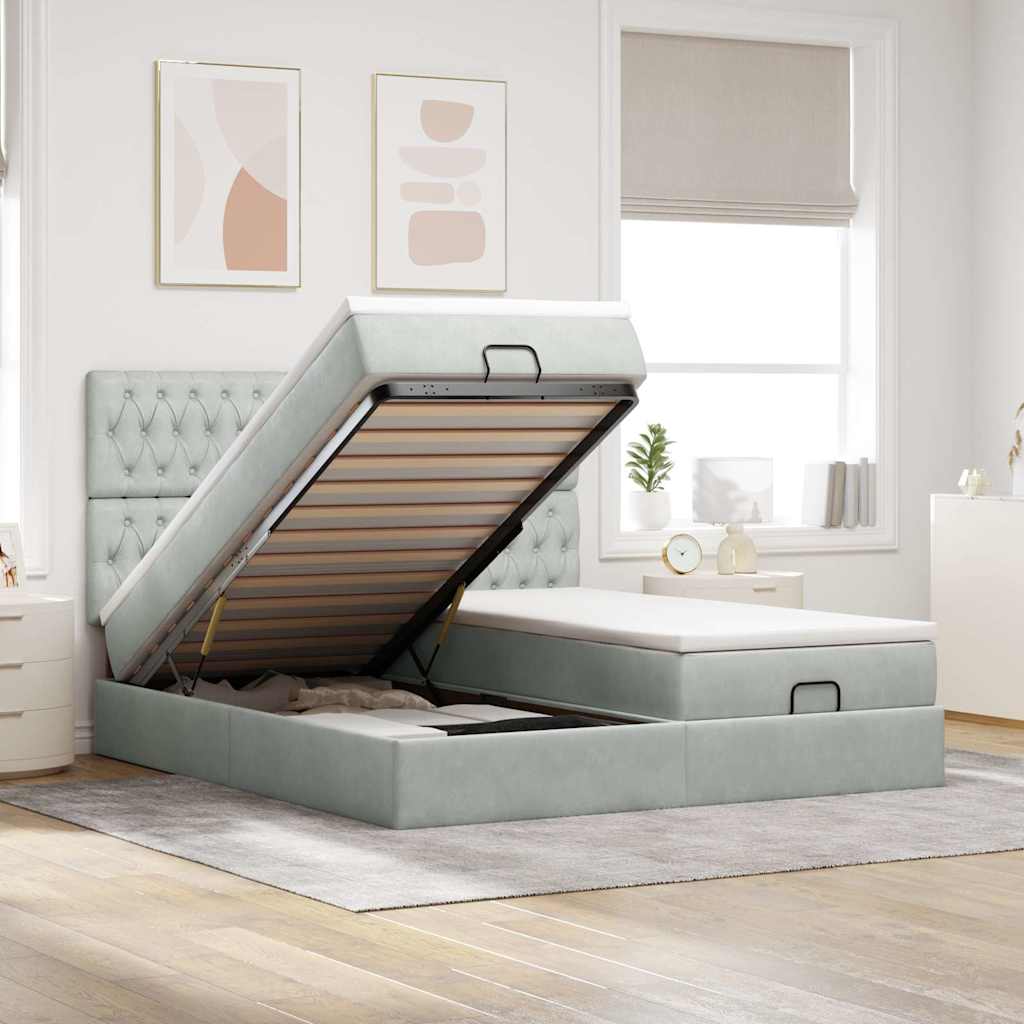 Ottoman-Bett mit Matratzen & LEDs Hellgrau 200x200 cm Samt