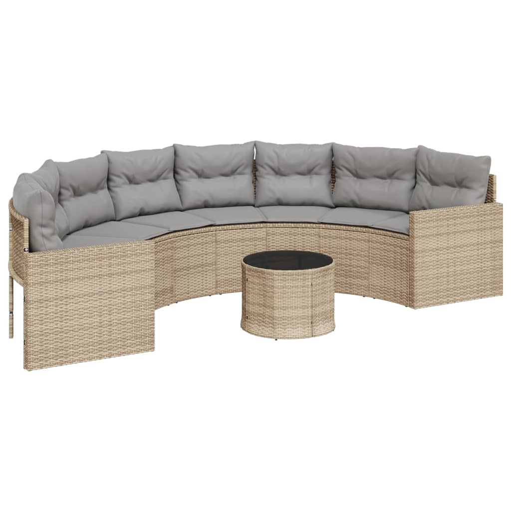 Garden sofa with table and cushions semicircular beige poly rattan