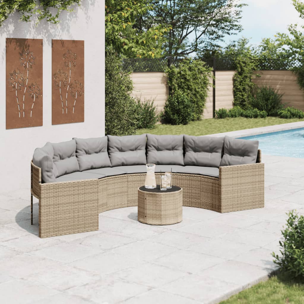 Garden sofa with table and cushions semicircular beige poly rattan