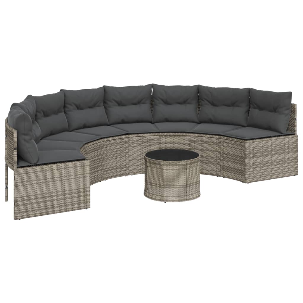Garden sofa with table and cushions semicircular grey poly rattan
