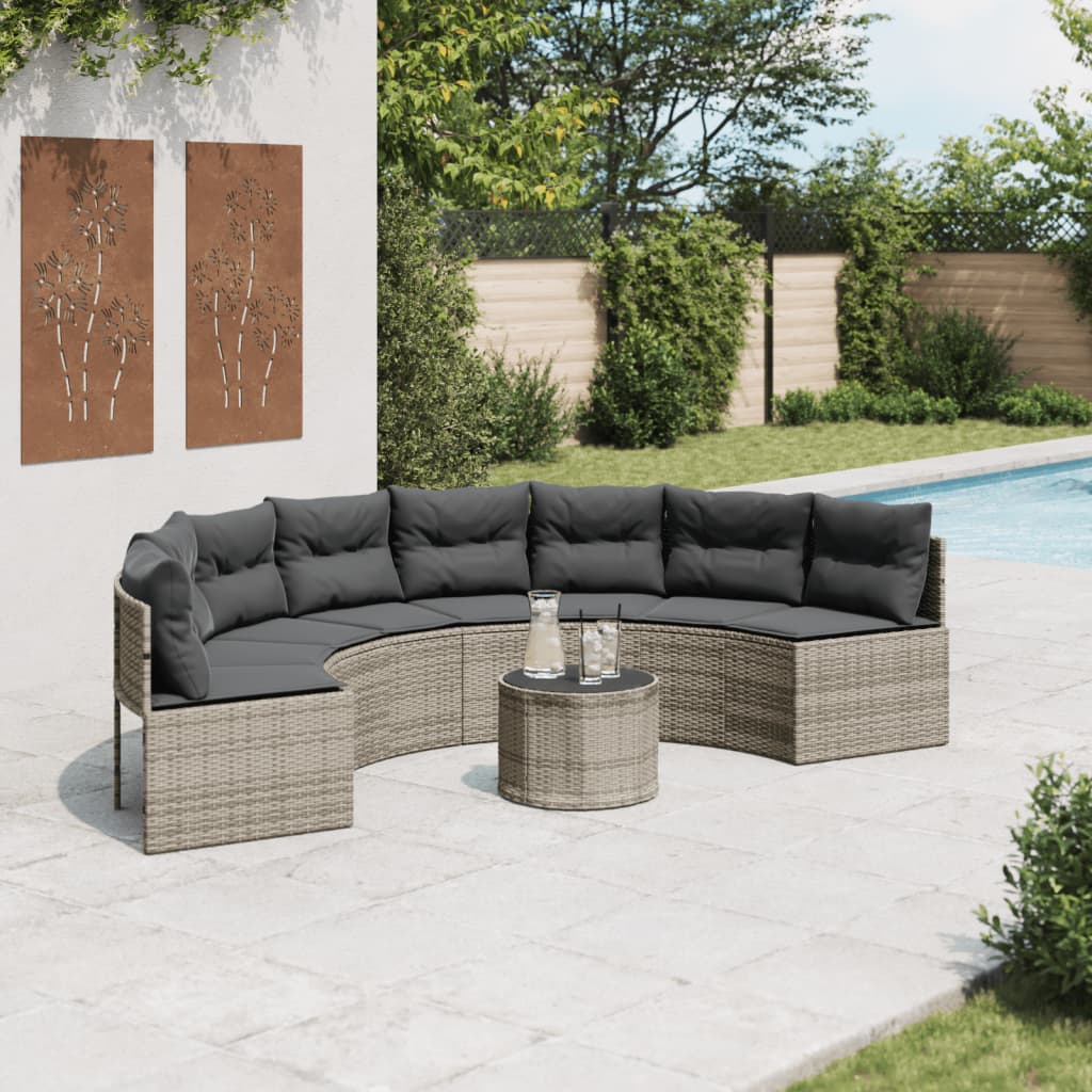 Garden sofa with table and cushions semicircular grey poly rattan