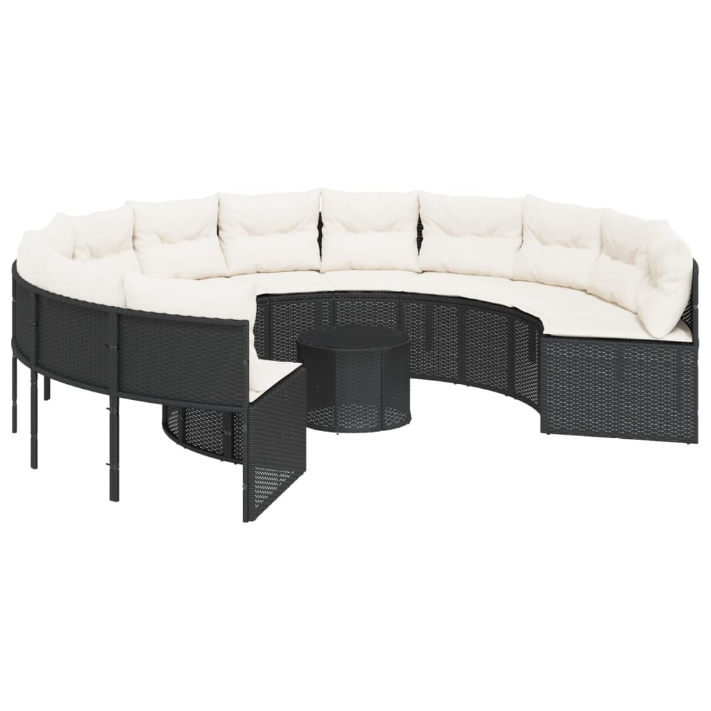 Garden sofa with table and cushions, round, black, polyrattan