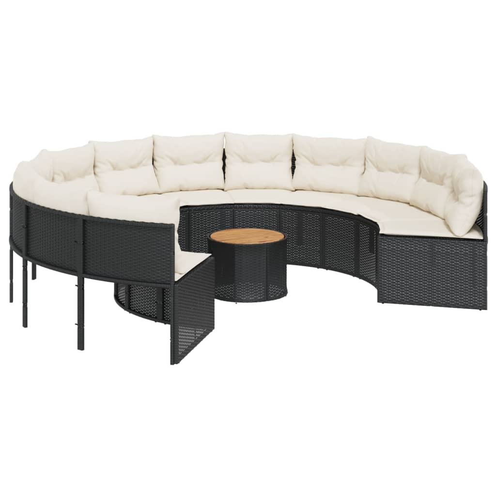 Garden sofa with table and cushions, round, black, polyrattan
