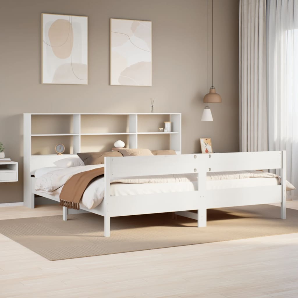 Solid wood bed with shelf without mattress white 200x200 cm pine