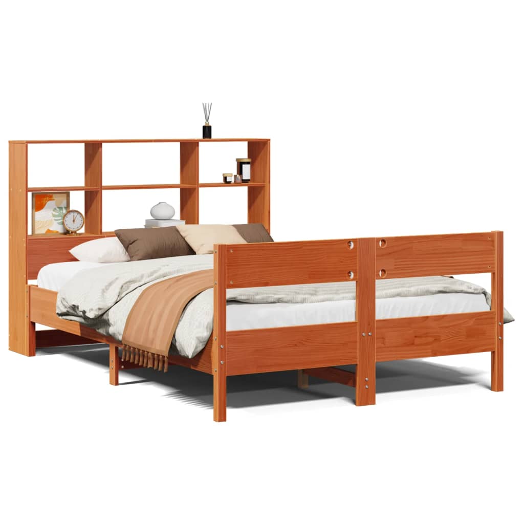 Solid wood bed with shelf without mattress, wax brown, 135x190 cm
