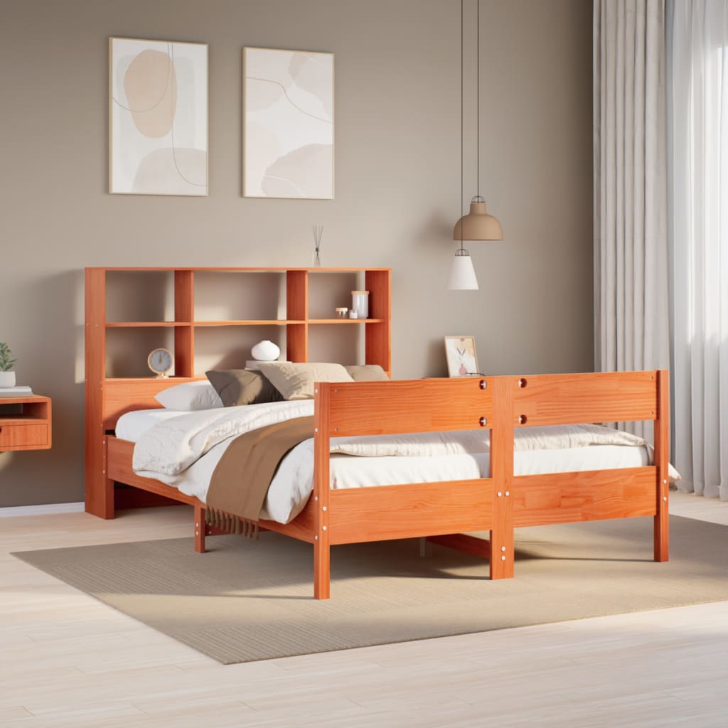 Solid wood bed with shelf without mattress, wax brown, 135x190 cm