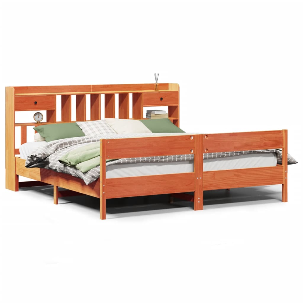 Solid wood bed with shelf without mattress, wax brown, 200x200 cm