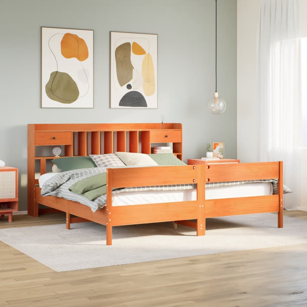 Solid wood bed with shelf without mattress, wax brown, 200x200 cm