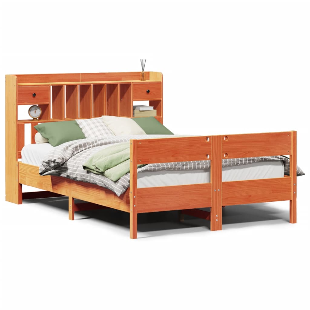 Solid wood bed with shelf without mattress, wax brown, 160x200 cm