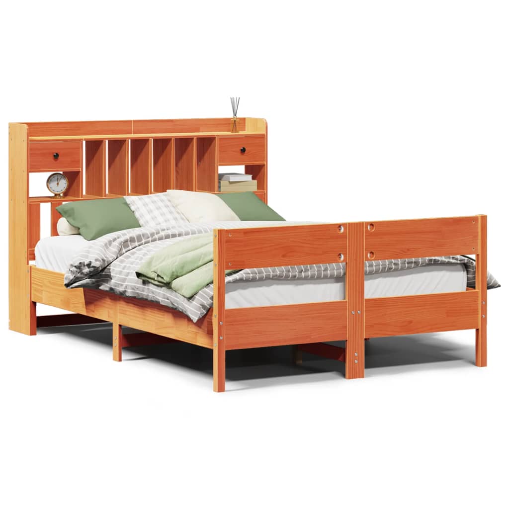 Solid wood bed with shelf without mattress, wax brown, 140x200 cm