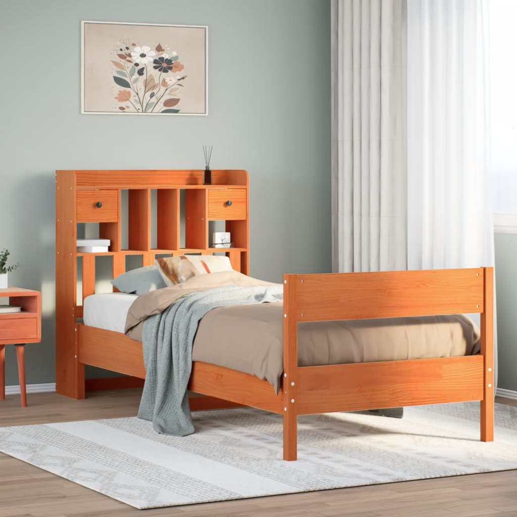 Solid wood bed with shelf without mattress wax brown 100x200 cm