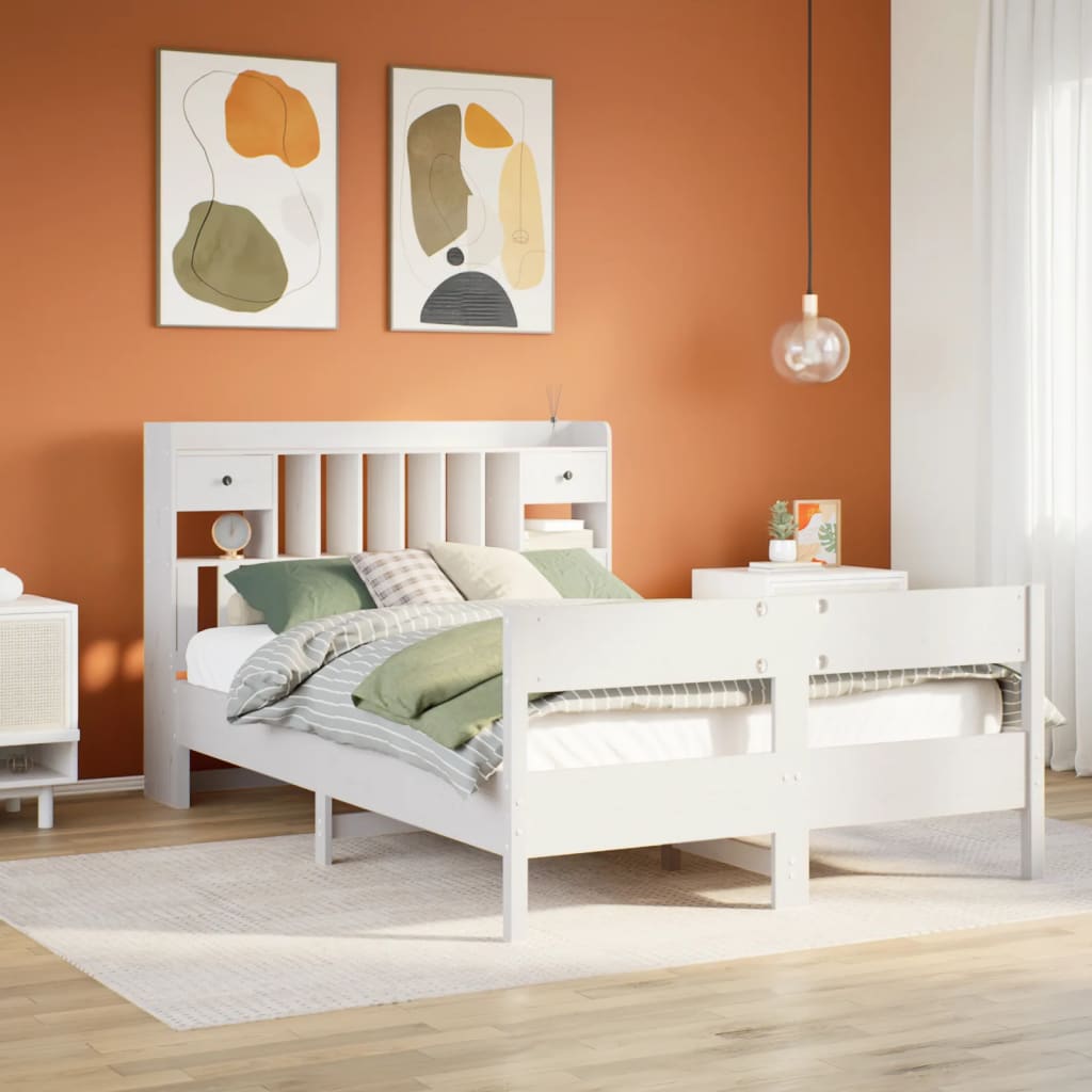 Solid wood bed with shelf without mattress white 140x190 cm pine
